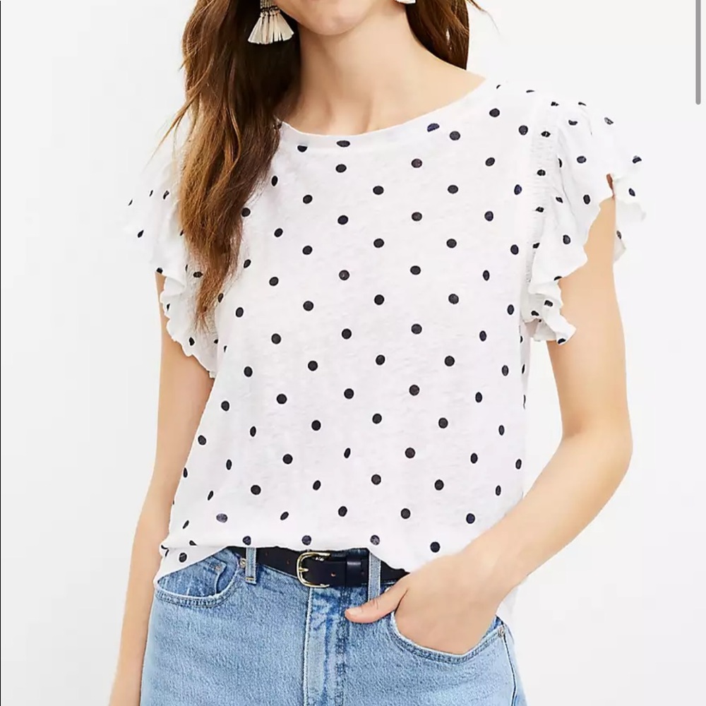 NWT LOFT White Dotted Linen Flutter Tee- Size M
